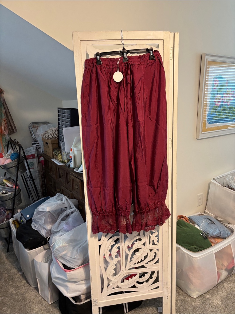 Women's Burgundy Lace-Hem Wide Leg bloomer pants